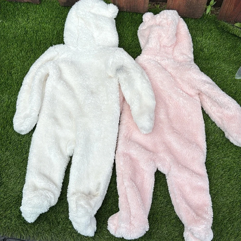 Carters Baby 9M Fuzzy Sherpa Fleece Bear Pram Suit Hooded Romper Bundle 2Pk